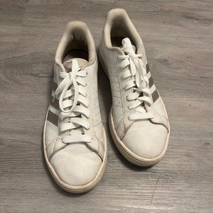 Adidas white sneakers with bronze stripes size 8